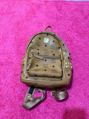 MCM Cognac Visetos Logo Mini Backpack with Gold Studs